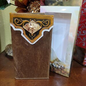 Sheriff Star Western Wallet Genuine Leather Handtooled Bifold Checkbook brown